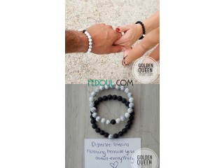 Bracelet couple composé de pierres naturelles agate noire et pierres de lava blanc turquoise
